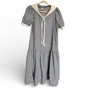 Vintage 80s Laura Ashley Navy Floral Prairie Dress Sailor Tie Size Medium